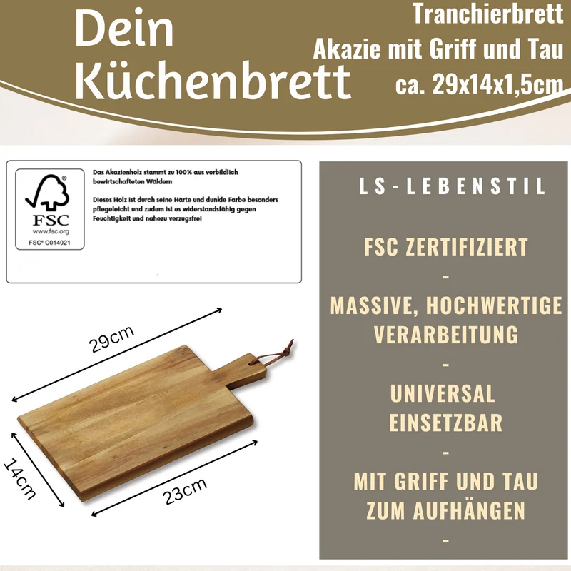 Holz Griffbrett Servierbrett 29cm Akazie Eckig Frühstücksbrett Küchenbrett