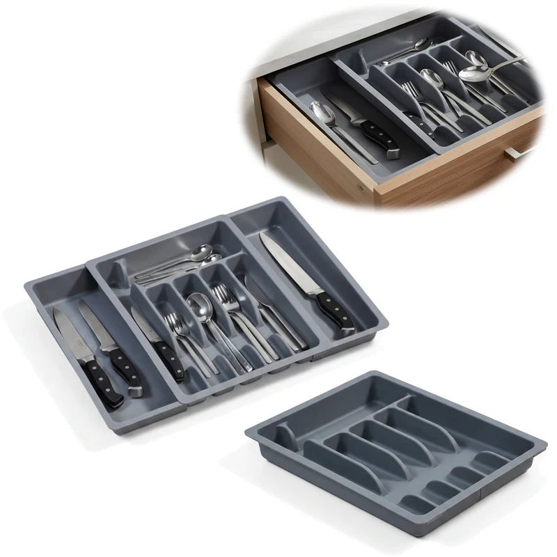 Schubladeneinsatz Besteckkasten 29-50cm Grau ausziehbar Besteckbox Organizer