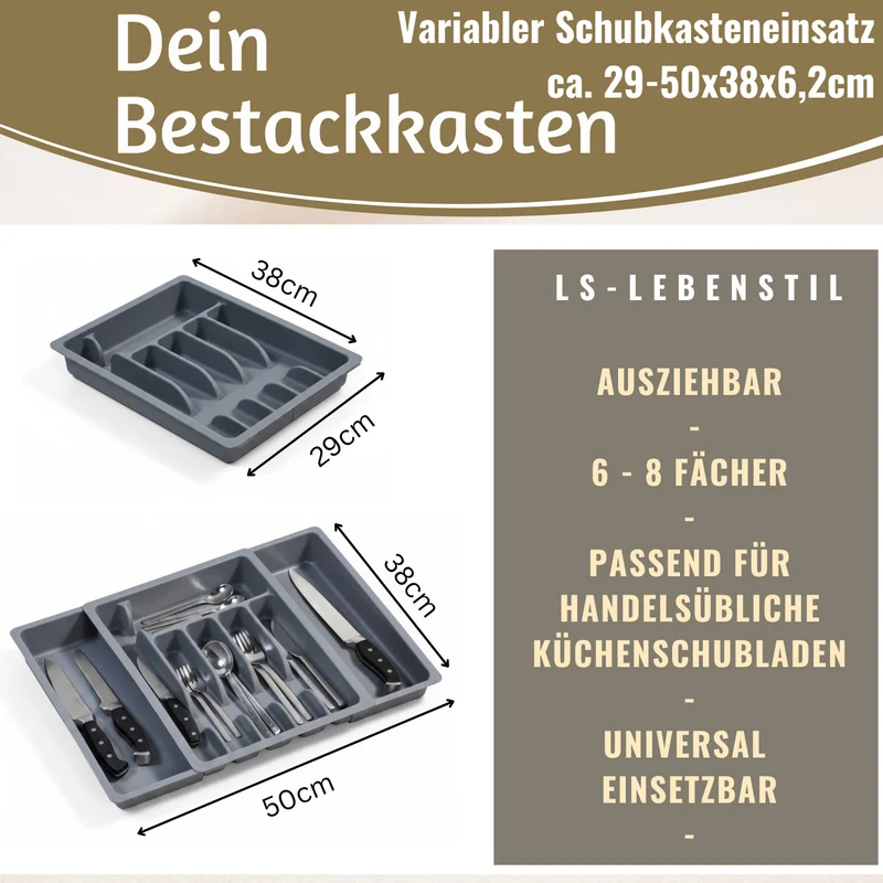 Schubladeneinsatz Besteckkasten 29-50cm Grau ausziehbar Besteckbox Organizer