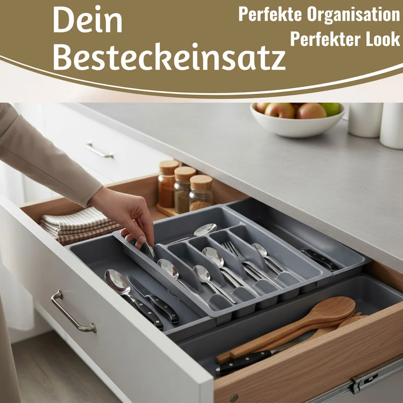 Schubladeneinsatz Besteckkasten 29-50cm Grau ausziehbar Besteckbox Organizer