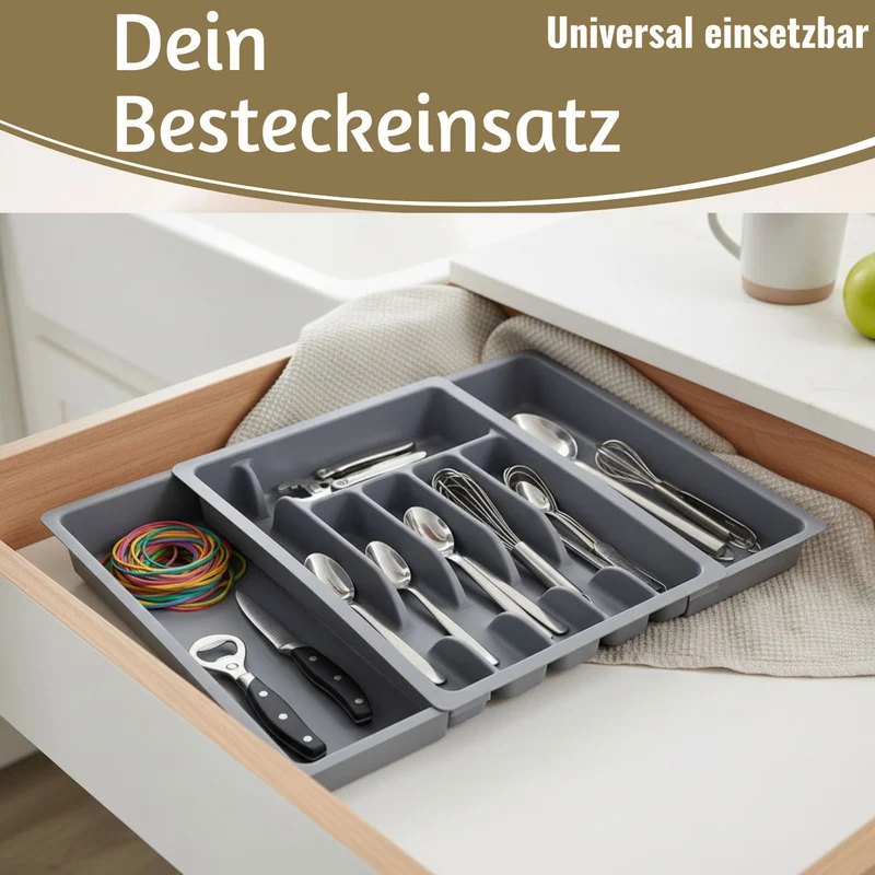 Schubladeneinsatz Besteckkasten 29-50cm Grau ausziehbar Besteckbox Organizer