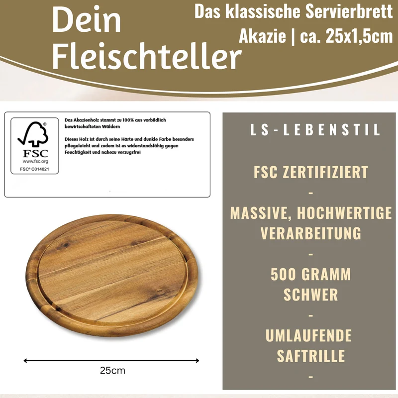 Holz Fleischteller Servierteller 25cm Akazie Rund Schneidebrett Vesperbrett