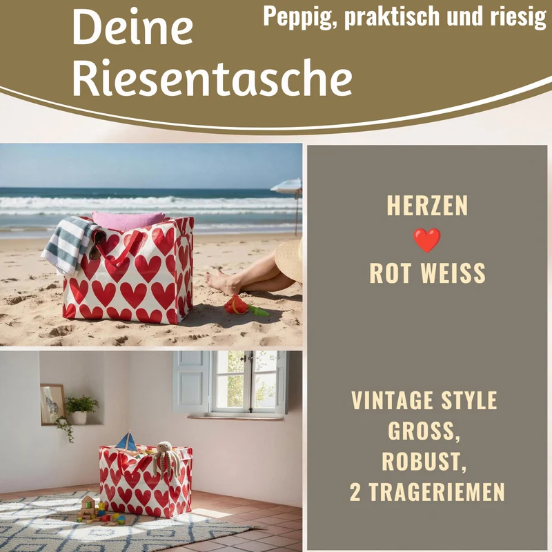 XXL Jumbo Bag Herzen ❤️ Rot Weiß 55cm Recycelt Kunststoff Aufbewahrungstasche Einkaufstasche