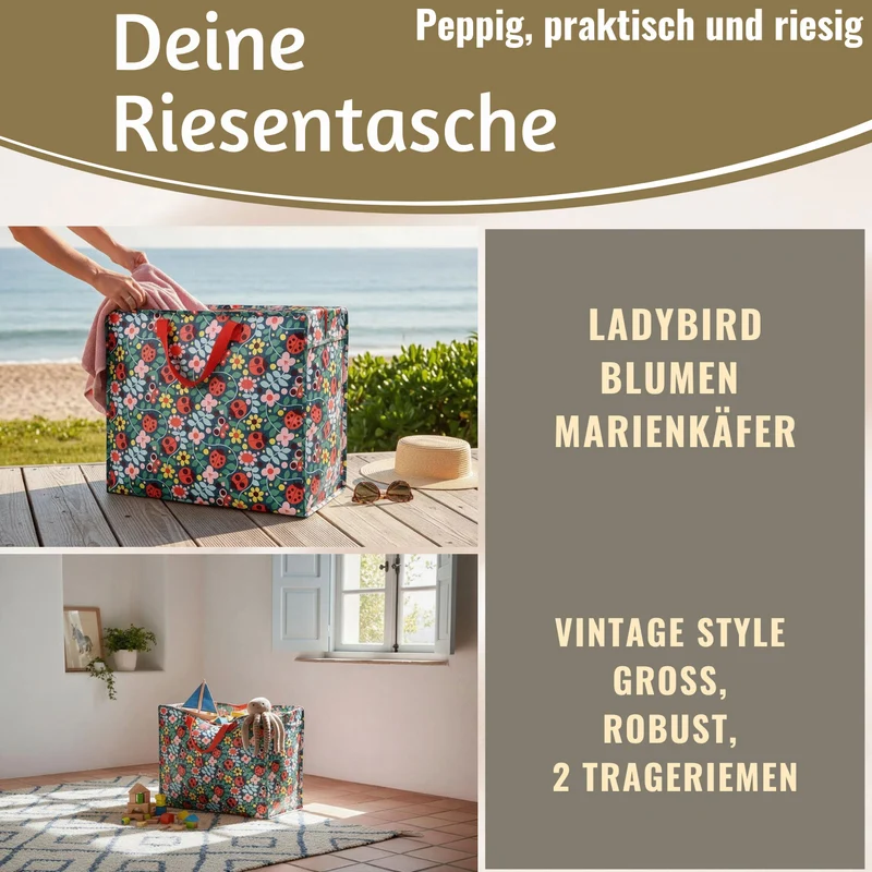 XXL Jumbo Bag Blumen Marienkäfer 55cm Recycelt Kunststoff Aufbewahrungstasche Einkaufstasche