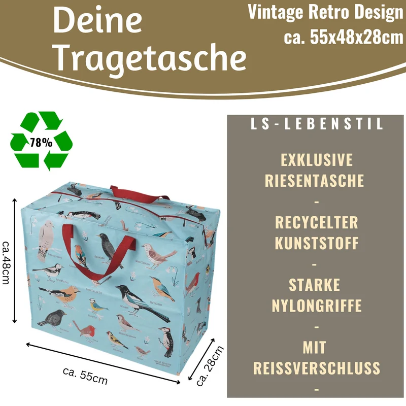 XXL Jumbo Bag Garden Birds 55cm Recycelt Kunststoff Aufbewahrungstasche Einkaufstasche