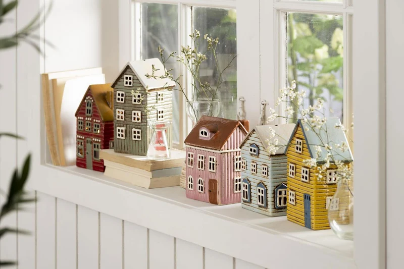 Teelichthaus Lichterhaus Nyhavn 18cm Gelb Blau Keramik Fachwerkhaus Teelichthalter