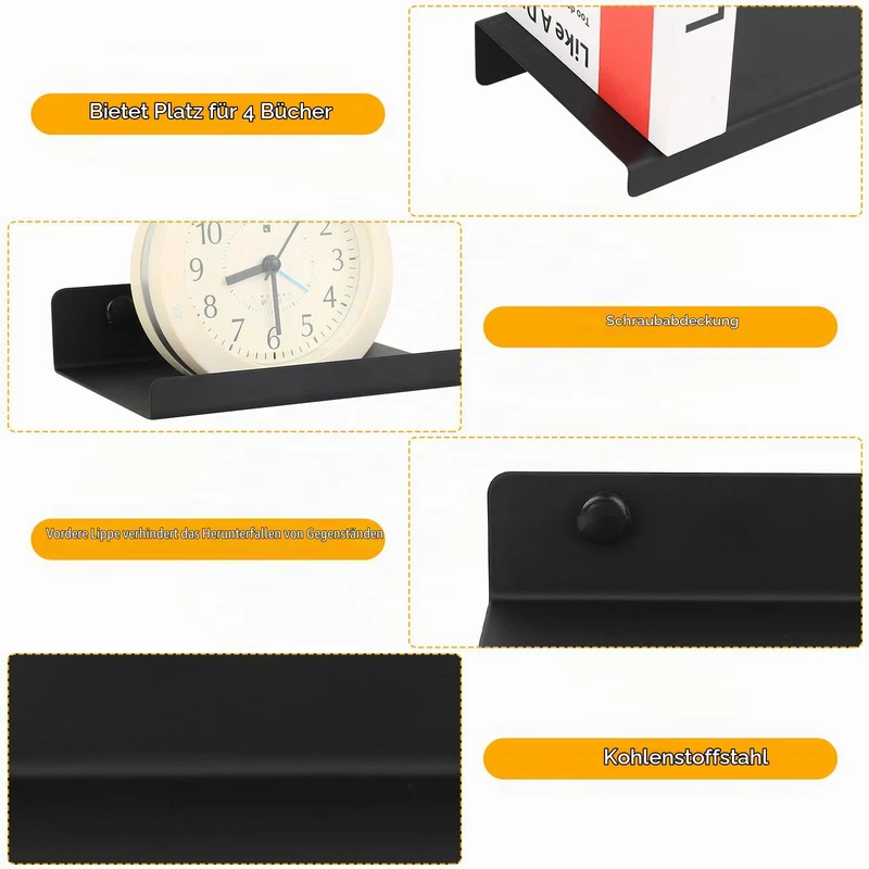 Wandregal, Wandboard, Bilderleiste,Schweberegal, Bad Regal Wand Bücherregal für Wohnzimmer Arbeitszimmer Badezimmer Küche Fotorahmen Dekos (4, Schwarz, 15x11,5x3,5 cm)