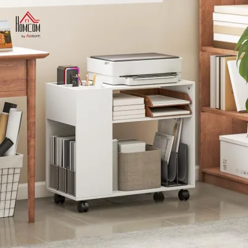 HOMCOM Druckertisch mit Rollen mit Unterteiltem Fach 70 x 34 x 60 cm Weiß