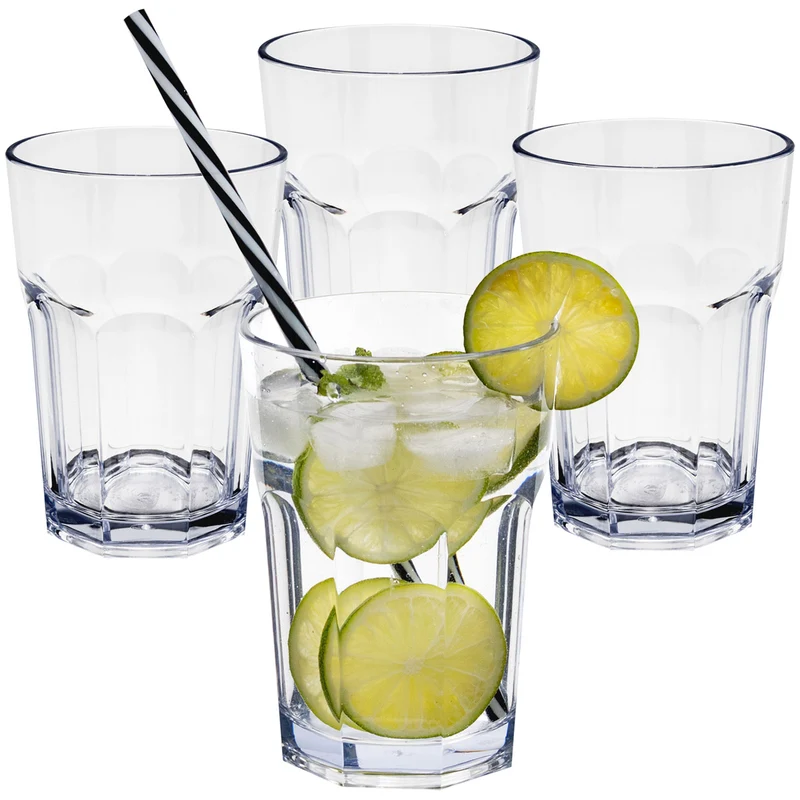 4x Campingglas aus Acryl 400ml - Trinkglas Acrylglas Wasserglas Kunststoff Camping Garten Echtglasoptik Picknick Becher Kinder Senioren Longdrink Coktail