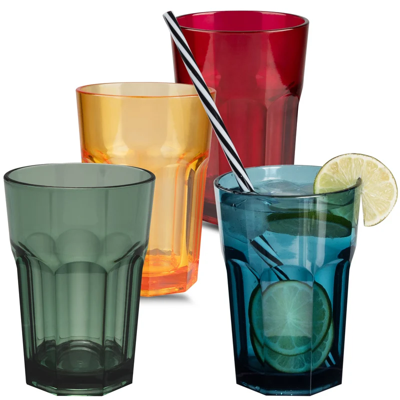 4x Campingglas aus Acryl 400ml - Trinkglas Acrylglas Wasserglas Kunststoff Camping Garten Echtglasoptik Picknick Becher Kinder Senioren Longdrink Coktail