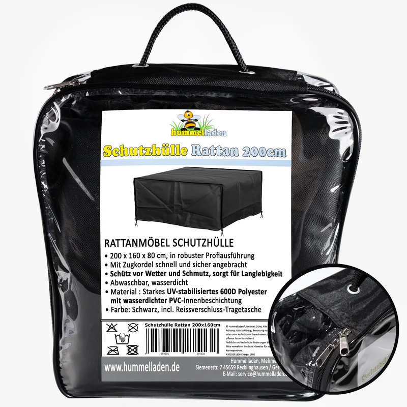 Schutzhülle für Rattan Gartenlounge - 200 x 160 x 80 cm - schwarz - 600D Polyester wasserdicht - Abdeckung Gartenmöbel