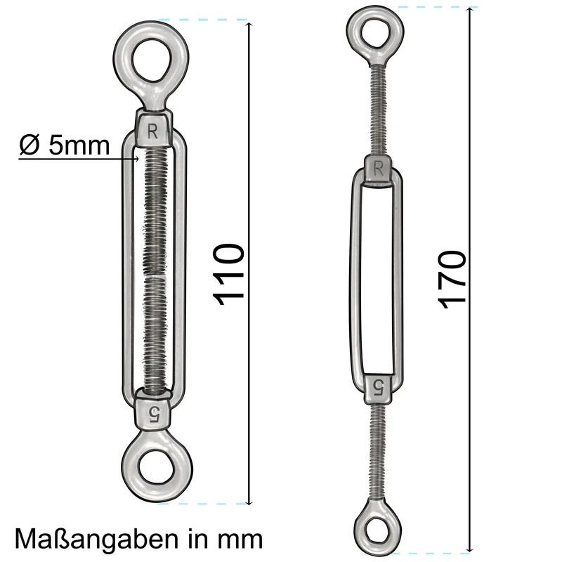 8x Edelstahl Spannschloss Spannschraube D-5mm - M5 - beidseitigen Ösen - V2A Seilspanner Segelspanner für Drahtseil - 11-17cm lang Wantenspanner Bruchlast 650kg