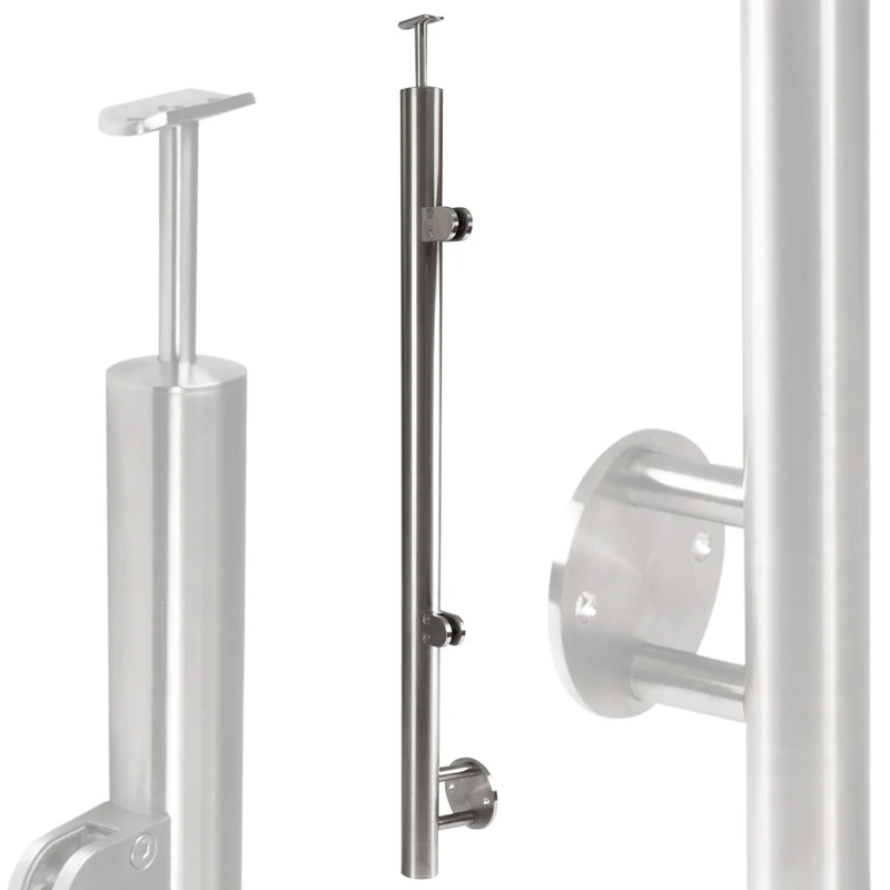 Edelstahl Geländerpfosten Endpfosten rechts mit Glashalter 10mm und Handlauf-Träger - 42,4mm - Wangemontage V2A - seitliche Montage vormontiert - Glasgeländer Geländerstützen Pfosten Zaunpfosten aussen