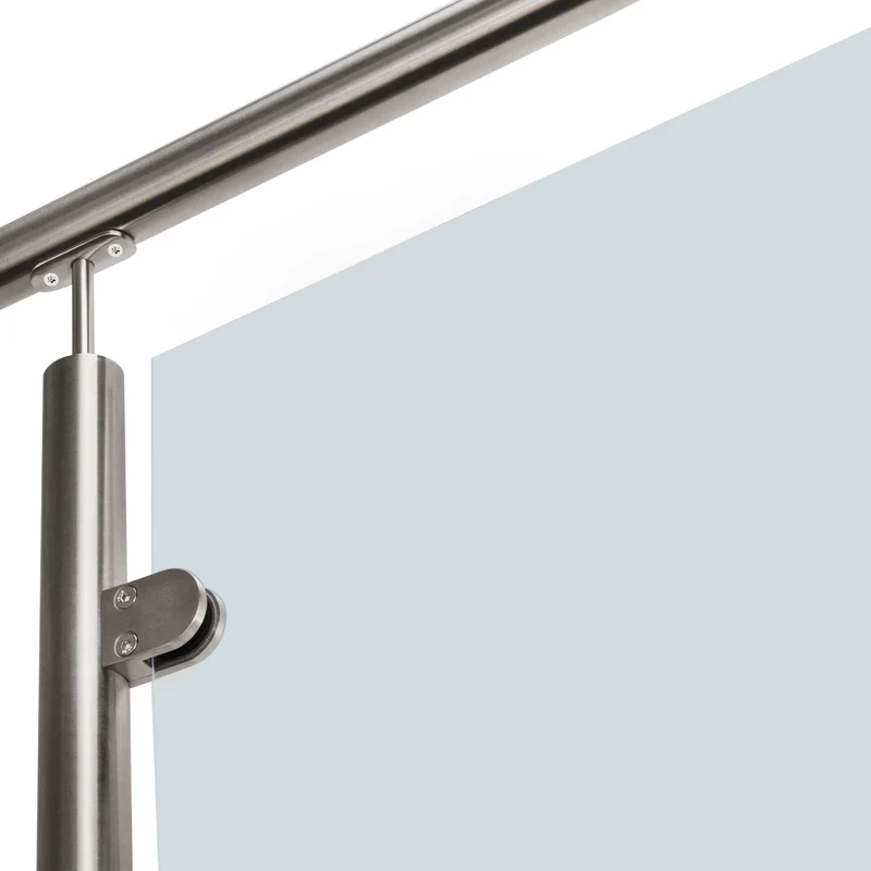 Edelstahl Geländerpfosten Endpfosten rechts mit Glashalter 8mm und Handlauf-Träger - 42,4mm - Wangemontage V2A - seitliche Montage vormontiert - Glasgeländer Geländerstützen Pfosten Zaunpfosten aussen