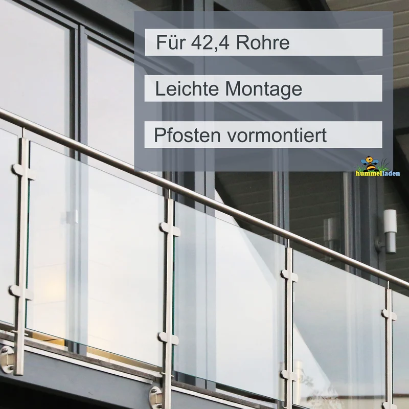 Edelstahl Geländerpfosten Endpfosten rechts mit Glashalter 8mm und Handlauf-Träger - 42,4mm - Wangemontage V2A - seitliche Montage vormontiert - Glasgeländer Geländerstützen Pfosten Zaunpfosten aussen