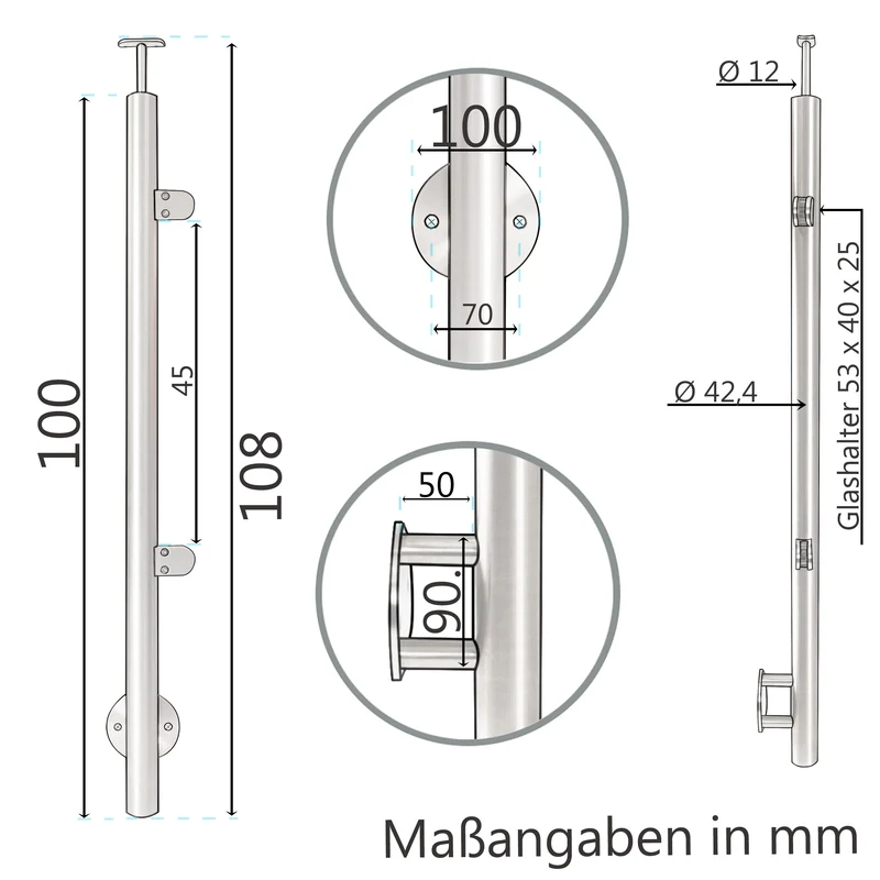 Edelstahl Geländerpfosten Endpfosten rechts mit Glashalter 6mm und Handlauf-Träger - 42,4mm - Wangemontage V2A - seitliche Montage vormontiert - Glasgeländer Geländerstützen Pfosten Zaunpfosten aussen