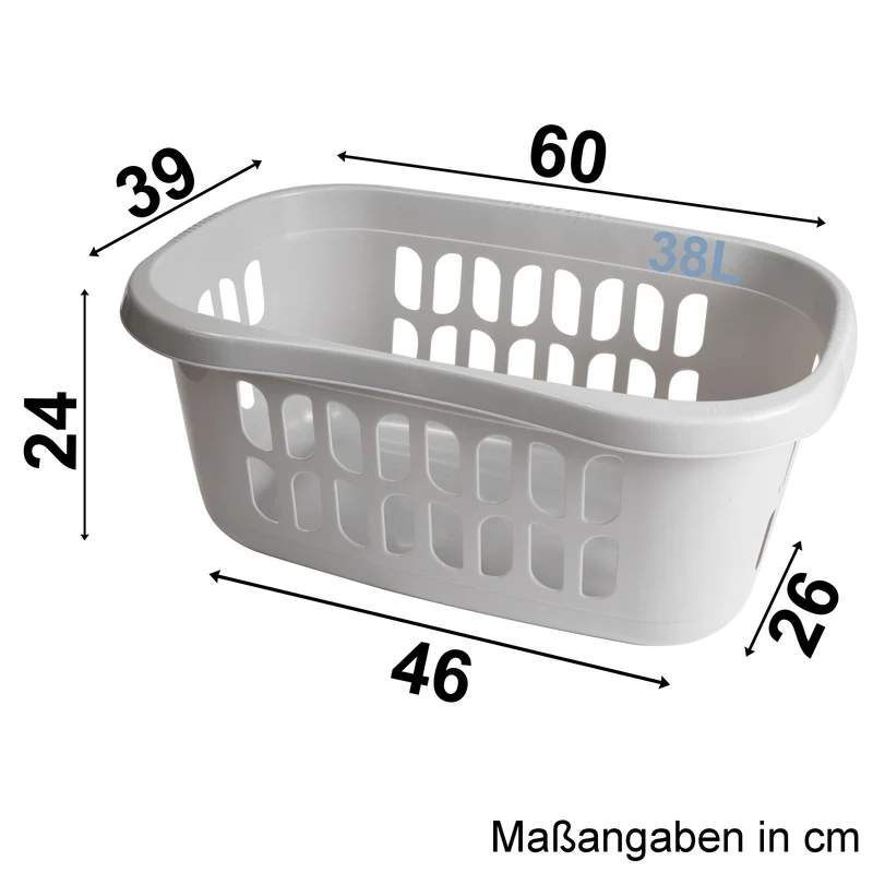 Hüft Wäschekorb 38 Liter GRAU mit 3 Griffmulden - 60x39x24 cm ergonomisch geformt - mit Löcher - Wäschesammler Wäschesortierer Wäschebox - Hipster