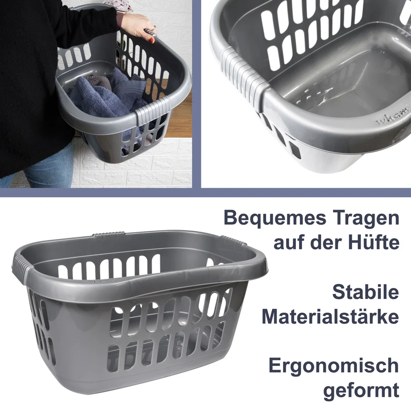 Hüft Wäschekorb 38 Liter GRAU mit 3 Griffmulden - 60x39x24 cm ergonomisch geformt - mit Löcher - Wäschesammler Wäschesortierer Wäschebox - Hipster