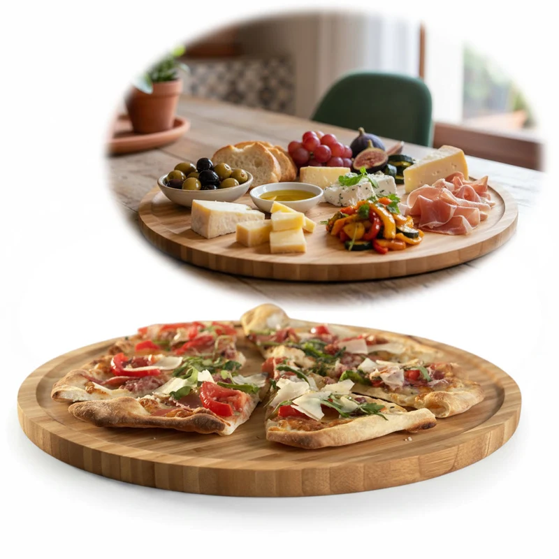 XL Holz Pizzateller Servierteller 32cm Bambus Rund Schneidebrett Vesperbrett