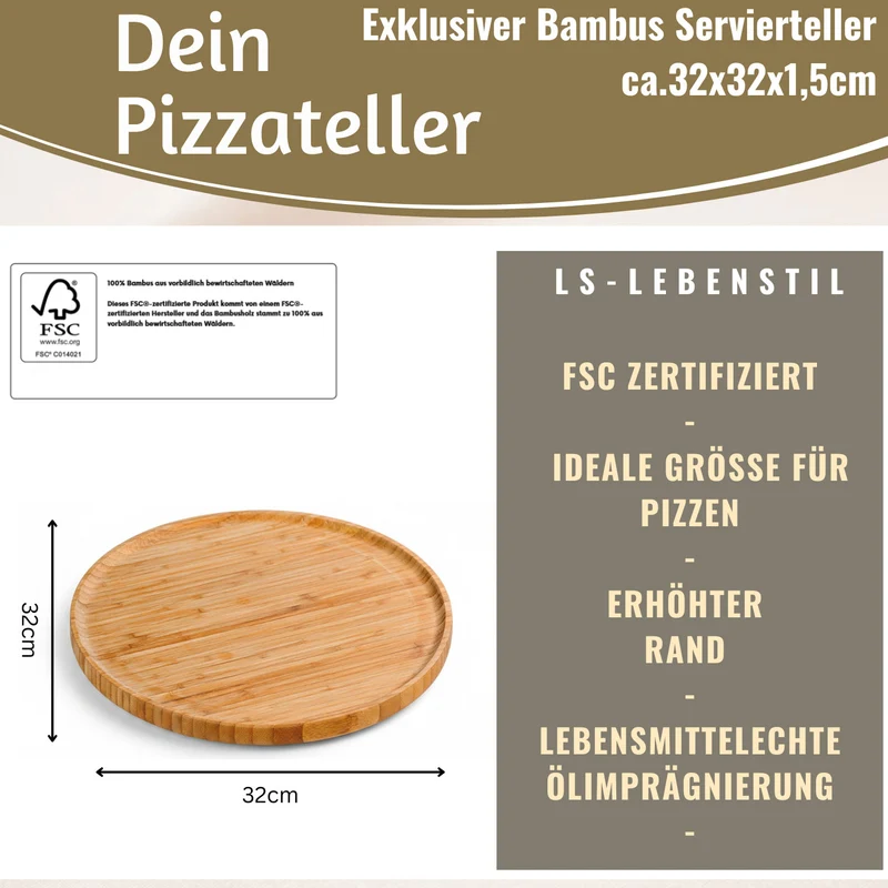 XL Holz Pizzateller Servierteller 32cm Bambus Rund Schneidebrett Vesperbrett