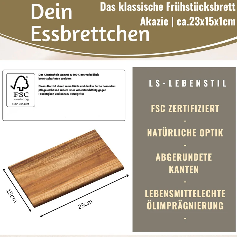 Holz Frühstücksbrett Essbrettchen 23x15cm Akazie Küchenbrett Holzbrett