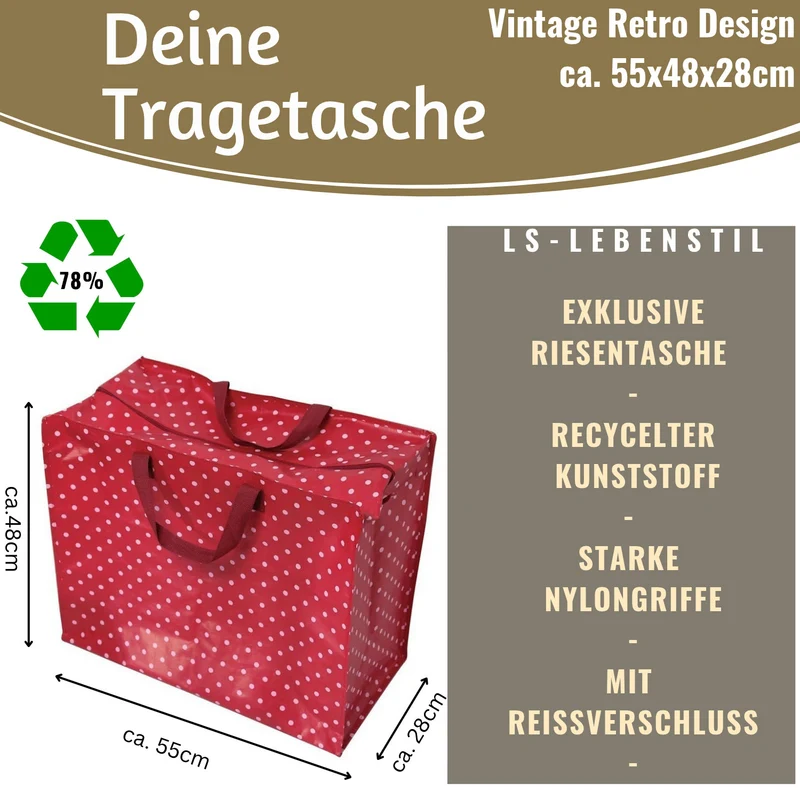 XXL Jumbo Bag Dot´s Rot Weiß 55cm Recycelt Kunststoff Aufbewahrungstasche Einkaufstasche