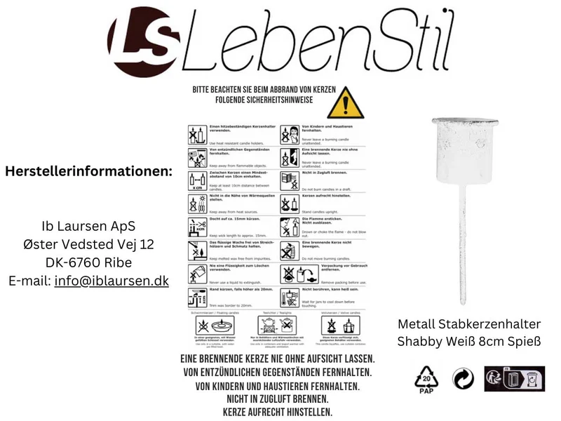 IB Laursen Metall Stabkerzenhalter Shabby Weiß 8cm Spieß Kerzenständer Kerzenstecker