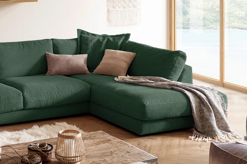 KAWOLA Sofa MADELINE Wohnlandschaft U-Form Cord smaragd
