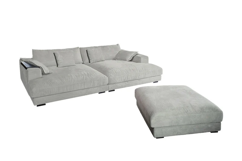 KAWOLA Big Sofa MADELINE Cord hellgrau mit Hocker und 4 Zierkissen