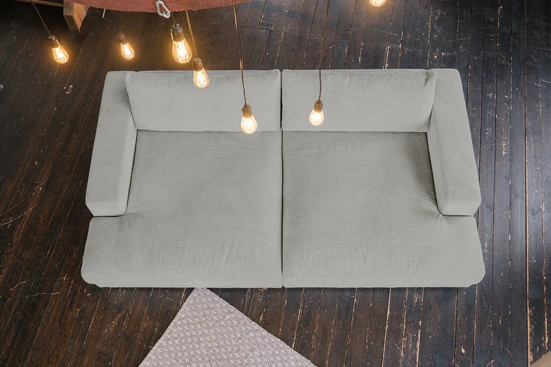 KAWOLA Big Sofa MADELINE Cord hellgrau mit Hocker und 4 Zierkissen