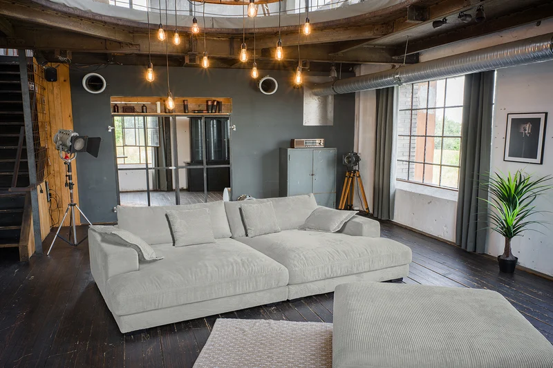 KAWOLA Big Sofa MADELINE Cord hellgrau mit Hocker und 4 Zierkissen
