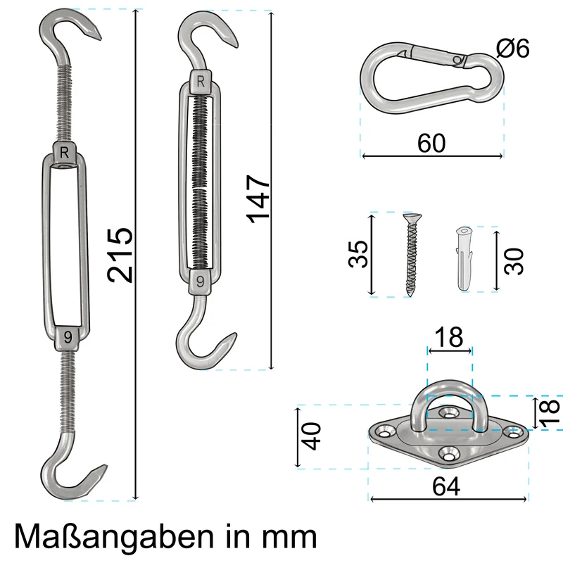 Edelstahl Sonnensegel Befestigungsset 40 Teile - V2A SS304 - Wantenspanner Spannschloss Karabiner Sonnensegelspanner Markisenbefestigung Segelbefestigung Aufhängung Augplatte Montage Set Kit Wandhalterung