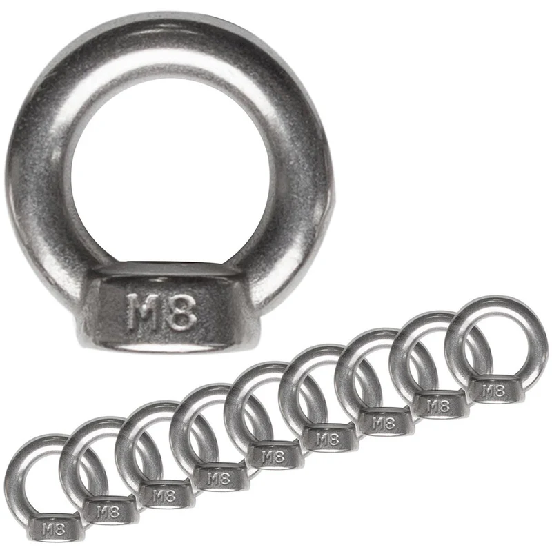 10 Edelstahl M8 Ringmutter V2A 304 - Ösenmutter Augenmutter Ringösen Traglast 350 kg Heberingmutter Hebering Loch für Kabelseil Eye nut