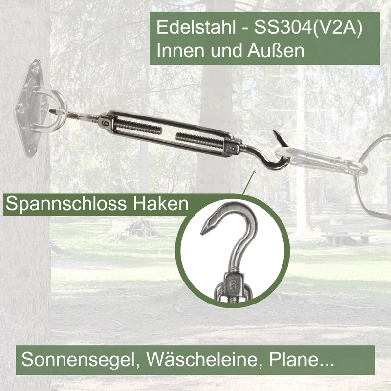 Edelstahl Spannschloss Spannschraube D-4mm - M4 - beidseitigen Haken - V2A - Seilspanner Segelspanner für Drahtseil - 10-14cm lang Wantenspanner Bruchlast 100 kg