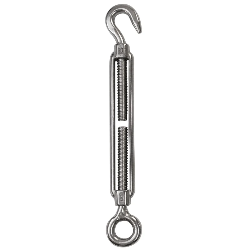 Edelstahl Spannschloss Spannschraube D-10mm - M10 - Öse+Haken - V2A - Seilspanner Segelspanner für Drahtseil - 22-34 cm lang Wantenspanner Bruchlast 800kg