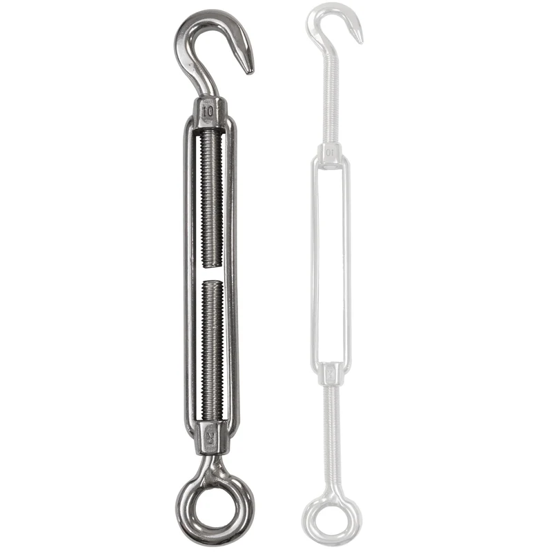 Edelstahl Spannschloss Spannschraube D-10mm - M10 - Öse+Haken - V2A - Seilspanner Segelspanner für Drahtseil - 22-34 cm lang Wantenspanner Bruchlast 800kg
