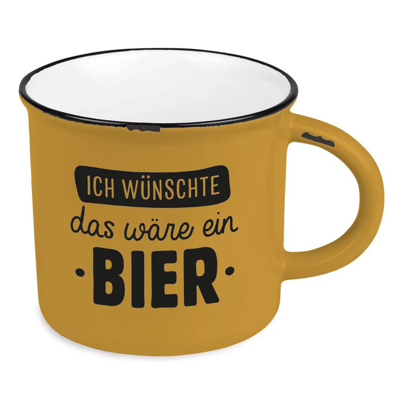 Vintage Kaffeebecher 400ml Keramik "wünschte ein Bier" Emaille-Look Kaffeetasse