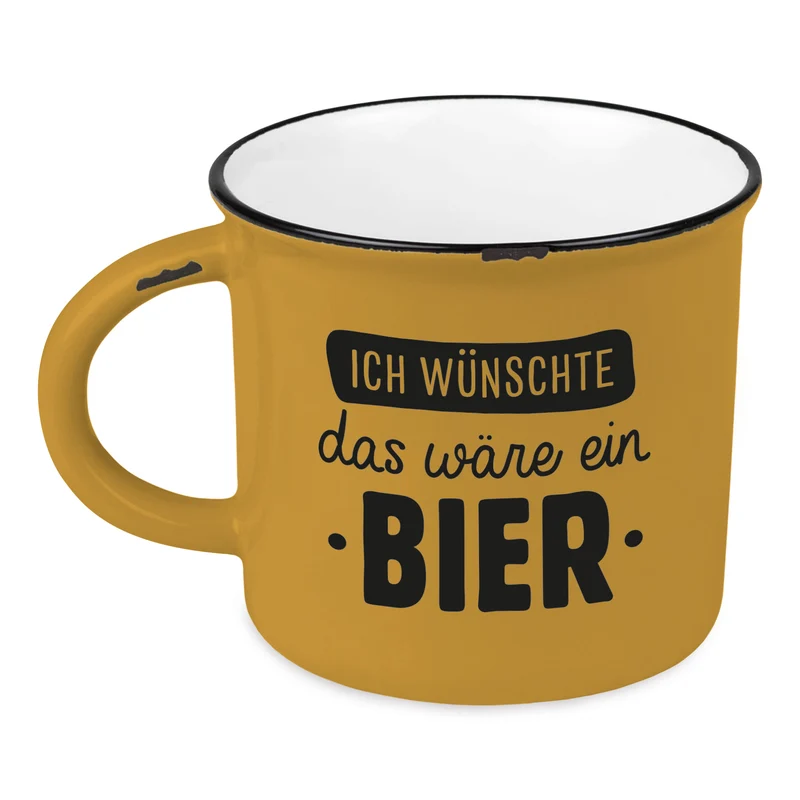 Vintage Kaffeebecher 400ml Keramik "wünschte ein Bier" Emaille-Look Kaffeetasse