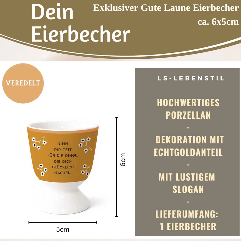 Eierbecher Echt-Gold Spruch "Zeit für Dinge glücklich" Gute Laune Eierhalter