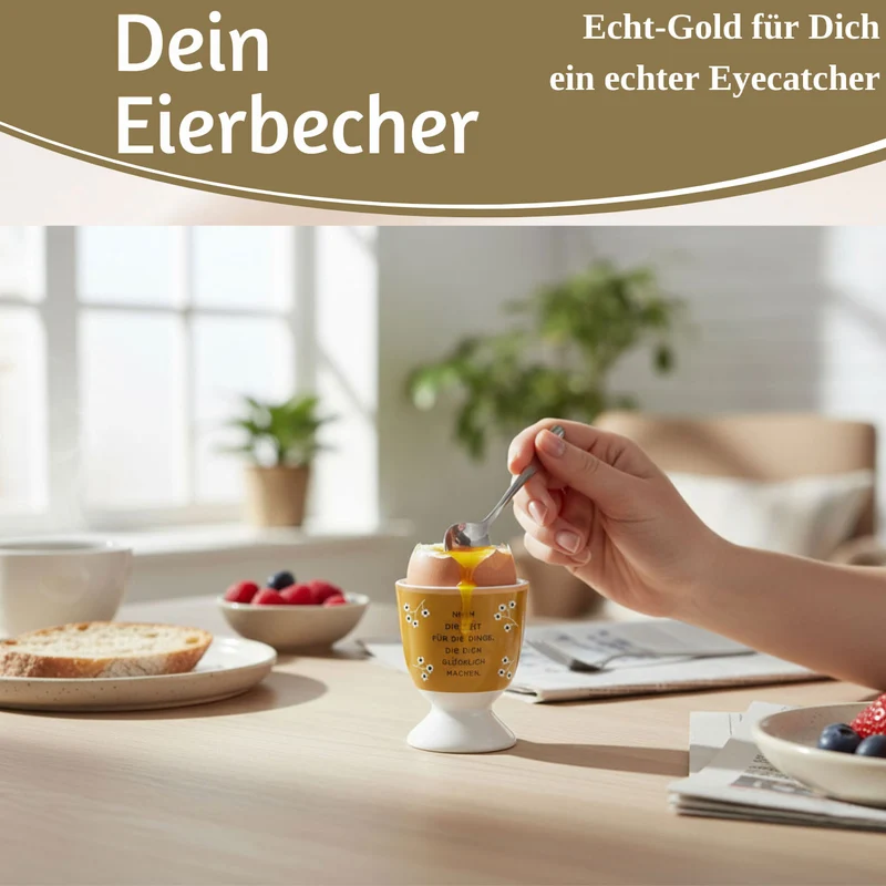 Eierbecher Echt-Gold Spruch "Zeit für Dinge glücklich" Gute Laune Eierhalter