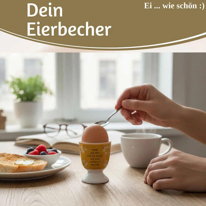Eierbecher Echt-Gold Spruch "Zeit für Dinge glücklich" Gute Laune Eierhalter