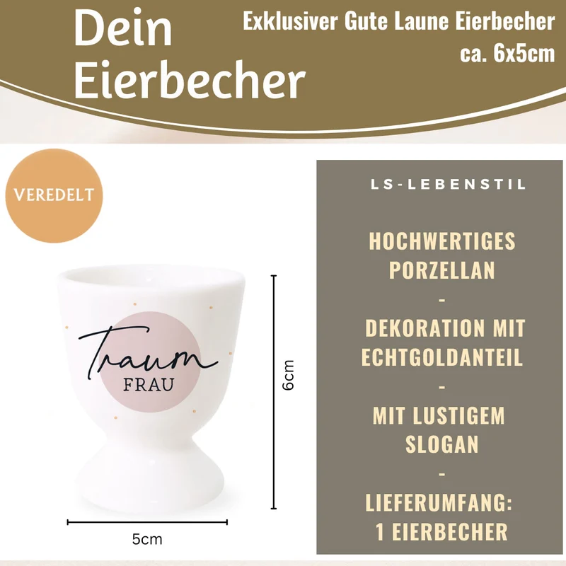 Echt-Gold Eierbecher Spruch "Traumfrau" Gute Laune Eierhalter