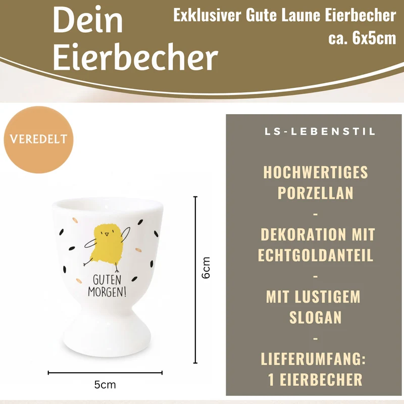 Eierbecher Echt-Gold Spruch "Guten Morgen" Küken Gute Laune Eierhalter