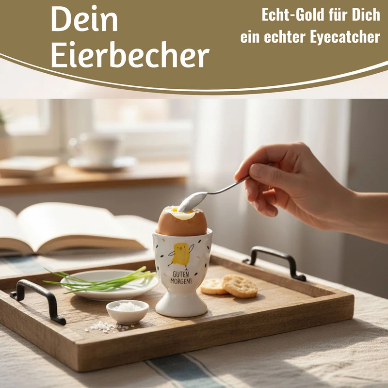Eierbecher Echt-Gold Spruch "Guten Morgen" Küken Gute Laune Eierhalter