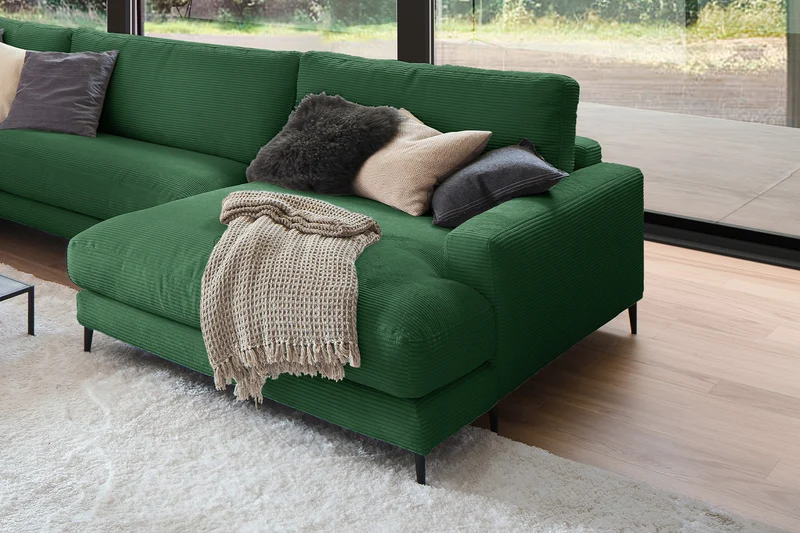 KAWOLA Sofa CARA Wohnlandschaft U-Form Cord smaragd