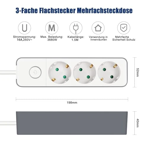 EXTRASTAR Flachstecker Steckdosenleiste 3 Fach mit Druckknopfschalter