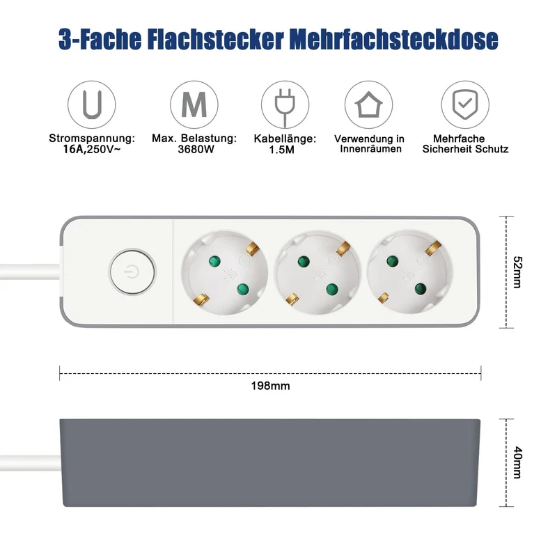 EXTRASTAR Flachstecker Steckdosenleiste 3 Fach mit Druckknopfschalter