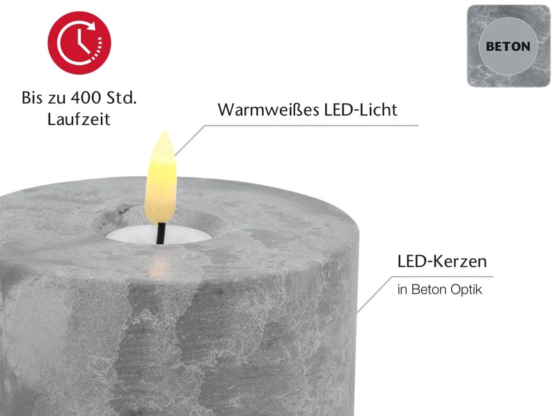 LED 3D XXL Teelicht Grau 5x10cm Beton-Optik Timer flackernde flammenlose Kerze