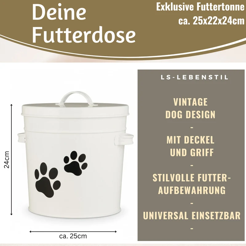 Vintage Futtereimer Weiß 24cm Futtertonne Hundefutter Aufbewahrung mit Deckel