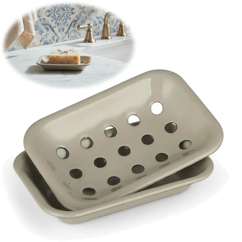 IB Laursen Emaille Seifenschale 2-tlg Beige 15cm mit Ablauf Altum Seifenablage